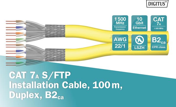 Actual product image Digitus CAT 7A S-FTP installation cable, 1500 MHz B2ca (EN 50575), AWG 22/1, 500 m reel, Dx, Ge (S/FTP, CAT7a, 500 m)