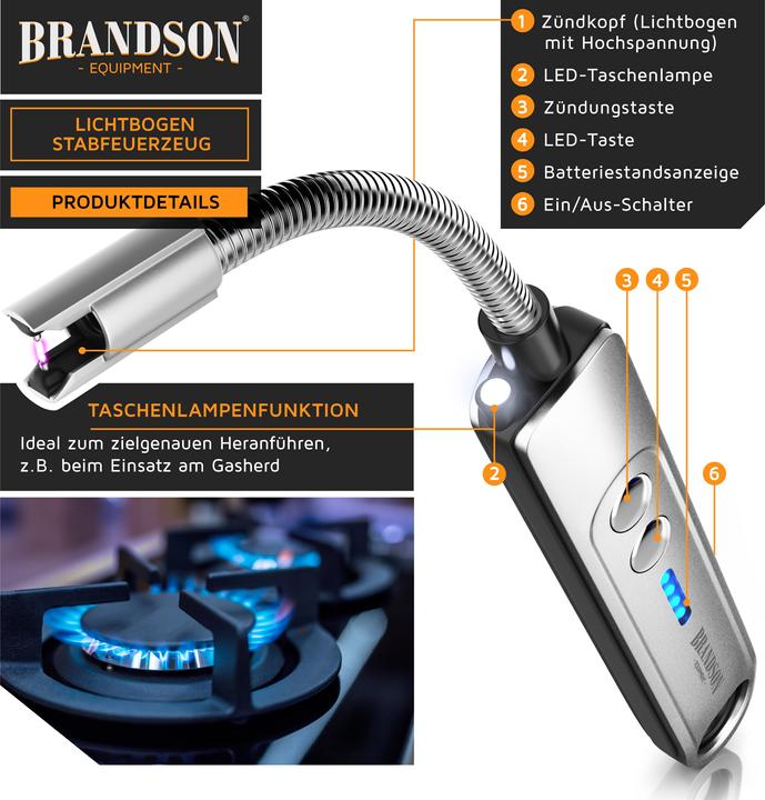 Produktbild Brandson Stabfeuerzeug Lichtbogen Feuerzeug elektrisch, USB aufladbar, Kerzenanzünder für Kerze, Grill, Kamin