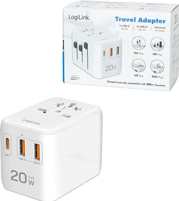Actual product image LogiLink Universal-Reisenetzteil, 20 W (PD), 4x-Anschlüsse, feuerfest, weiss