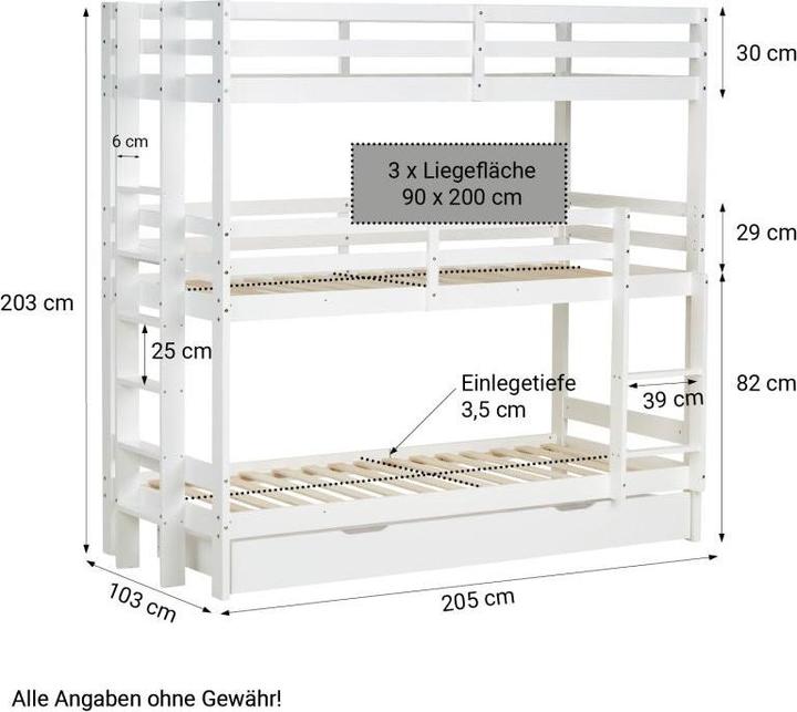 Produktbild Homestyle4u Etagenbett mit Matratzen & Bettkasten Lattenrost Dreifachbett (90 x 200 cm)