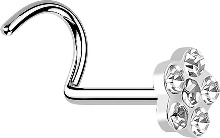 Star Piercing Nasenstecker gebogen silber mit Blume und 5 Kristalle silber (Chirurgenstahl 316L, ohne Messing)