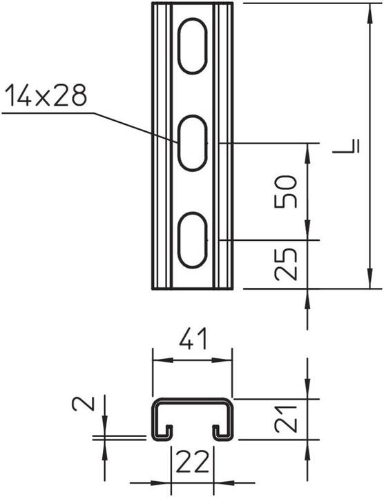 Produktbild OBO Bettermann Profilschiene gelocht, Schlitzweite 22mm 1122950 (20 cm)