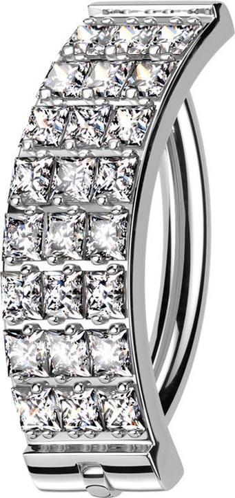 Star Piercing Banane klappbar silber Schild drei Reihen quadratische Kristalle silber (Titan G23, ohne Messing)