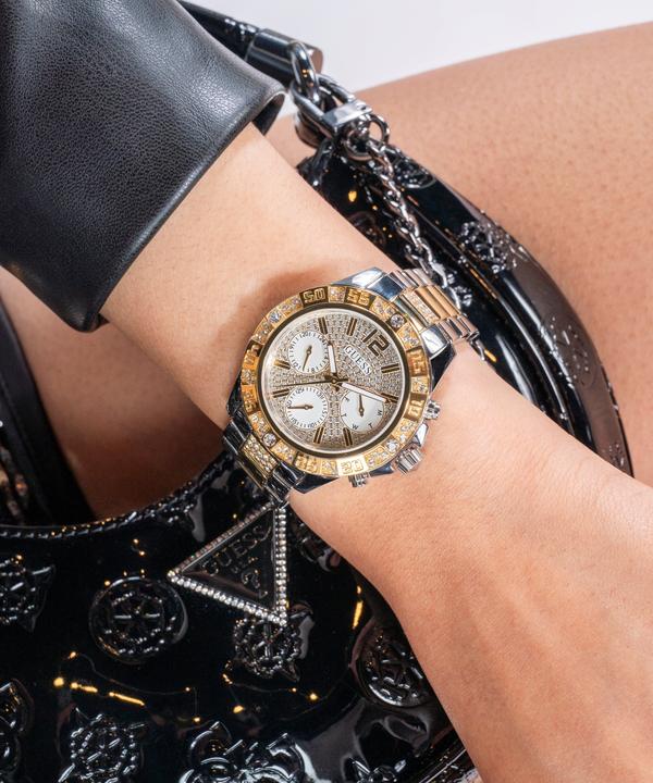 Produktbild Guess P SLV CS W/ P GLD TOP PART W/ CRYS / SUN WHT GLITZ MF DL / P SLV & GLD BRCT Armbanduhr (Uhr mit Schmuckstein, Analoguhr, 40 mm)