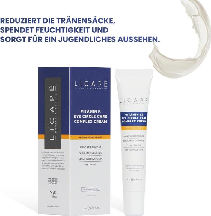 Produktbild Licape | Augencreme 15 ml | Feuchtigkeitspflege für strahlende Haut, Vitamin K2 (15 ml, Tag + Nacht)