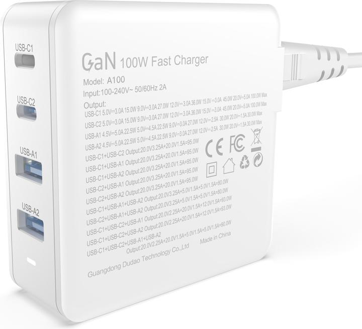 Image du produit Dudao Adaptateur GAN 100W Type Cx2 + 2xUSB Blanc (100 W)