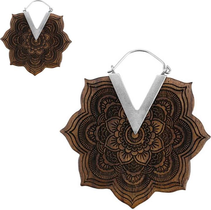 Star Piercing Ohrring silber Blume graviert aus Narra Holz (ohne Messing, Organisch)