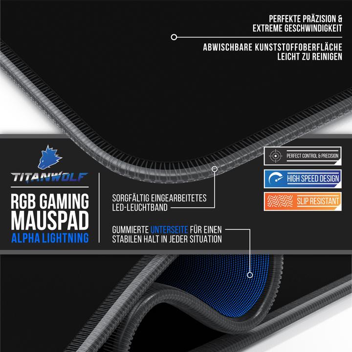 Produktbild Titanwolf RGB Gaming Mauspad, Mausmatte 900 x 400 mm, verbessert Präzision & Geschwindigkeit, schwarz (XXL)