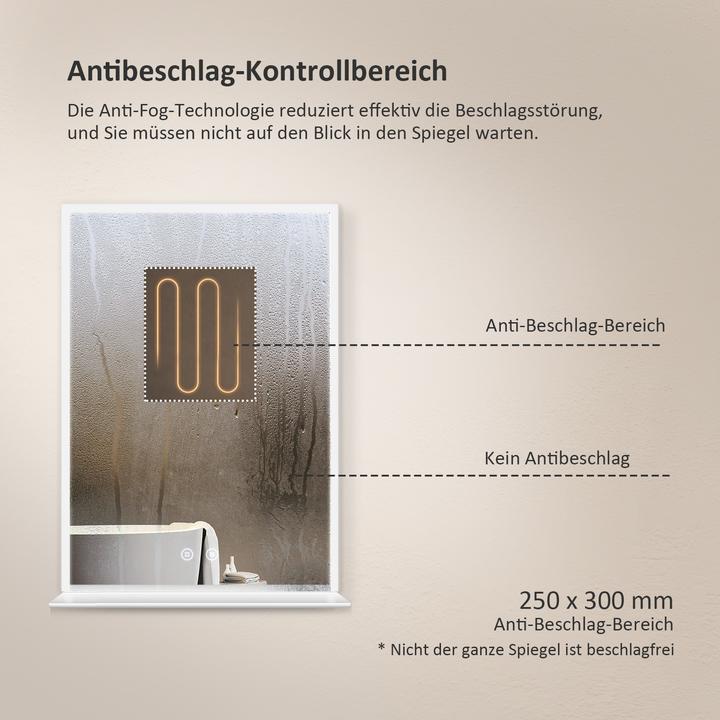 Actual product image Emke Bathroom Mirror With Lighting 50*70cm, Fog-Free, Cool-White6500Kund Dimmable, Glass Shelf (80 x 60 cm)