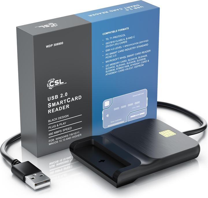 Produktbild CSL USB Chipkartenleser, SmartCard/SIM Reader, Plug&Play, kompatibel mit Mac OS X & Windows 7-11 (USB)