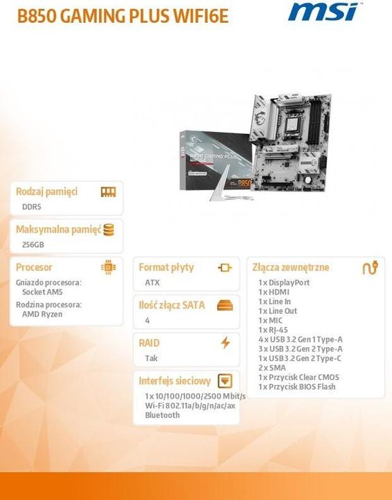 Produktbild MSI B850 Gaming Plus Wifi6E (B850,AM5,ATX,DDR5) (AM5, AMD B850, ATX)