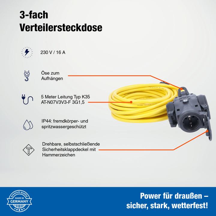 Produktbild As - Schwabe Verlängerungsleitung mit 3-fach Verteilersteckdose (3 x, CEE 7/3, 5 m)