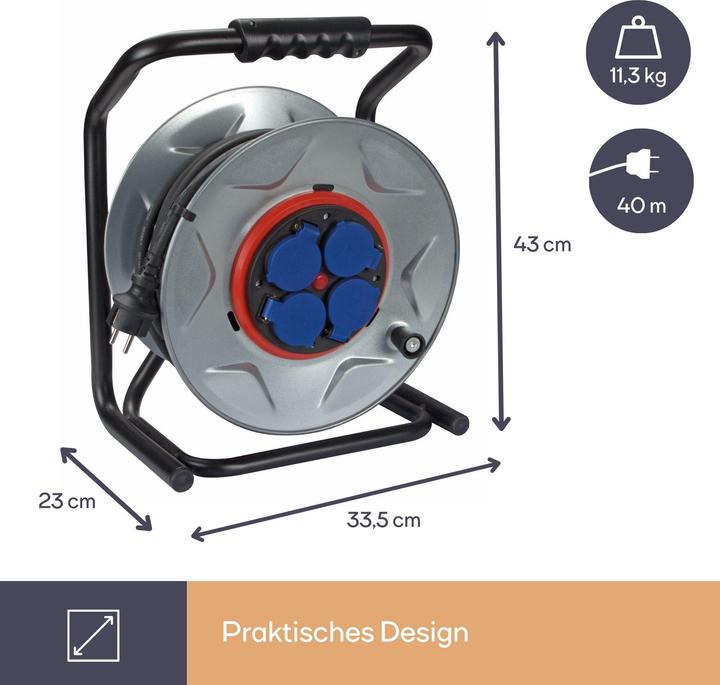 Actual product image Velleman PROFESSIONAL NEOPRENE CABLE REEL WITH ANTI-TWIST SYSTEM - 40 m - 3G2.5 - 4 SOCKETS - FRENCH SOCKET (40 m, 3 mm²)