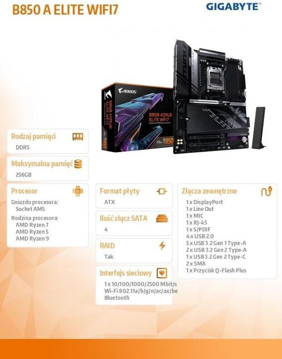Produktbild Gigabyte B850 AORUS ELITE WIFI7 (AM5, AMD B850, ATX)