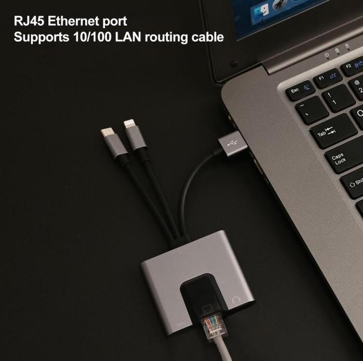 Image du produit PowerGuard 3-in-1 USB-C/USB-A Lightning Multiport Adapter to RJ45 Ethernet 3.5mm Audio (USB-A, Lightning, USB Type C, Jack 3.5mm)