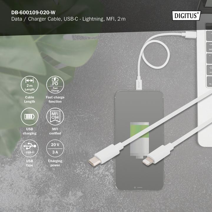 Produktbild Digitus USB Typ C – Lightning (2 m, USB 2.0, 18 W)