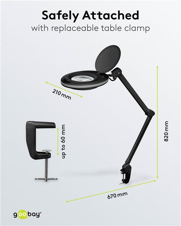Image du produit Goobay Lampe loupe à pince à LED, 8 W, noire (650 lm)
