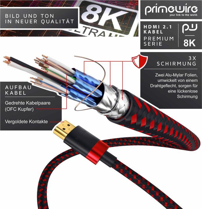 Image du produit Primewire Câble HDMI 2.1, 8K @ 120Hz / 4K @ 240Hz DSC, ultra haute vitesse, gaine en nylon, HDR, ARC (1.50 m, HDMI)