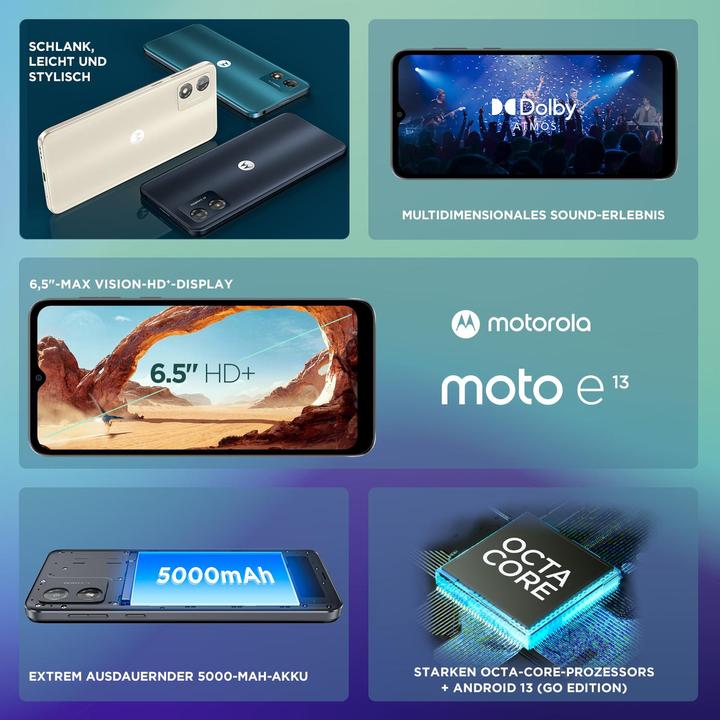 Image du produit Motorola Moto E13 (128 Go, Cosmic black, 6.52", Double SIM, 13 Mpx, 4G)