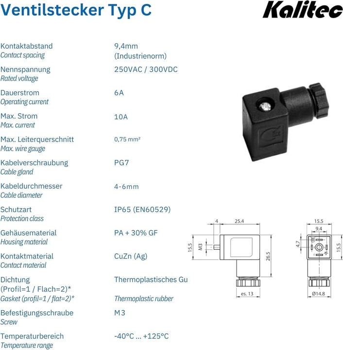 Produktbild Kalitec 5 Stück Ventilstecker Bauform C schwarz 4 polig I Kontaktfläche 15,5 x 15,5 mm² I PG7 I Kont