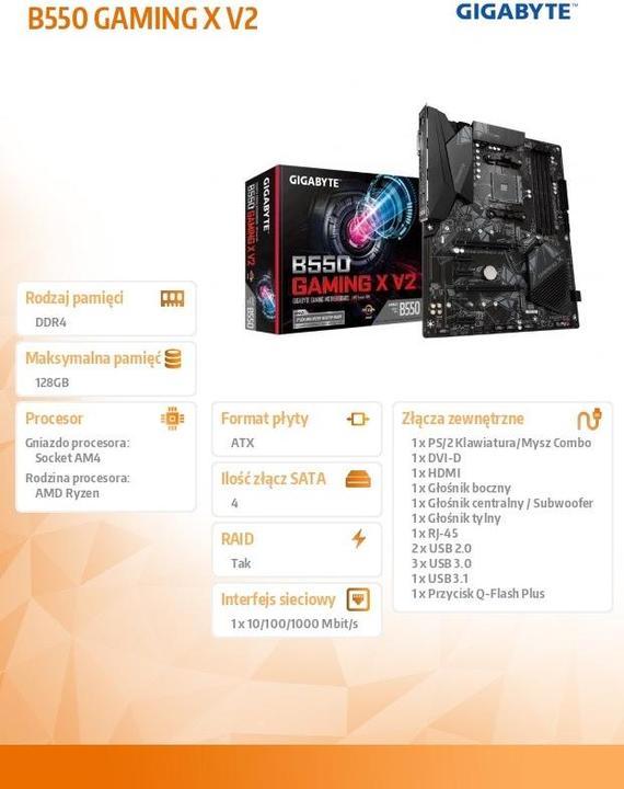 Produktbild Gigabyte B550 GAMING X V2 (AM4, AMD B550, ATX)