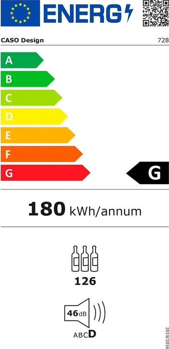 Energie-Label Caso WineComfort 1260 Smart Weinkühler mit Kompressor Freistehend, 126 Flasche(n)