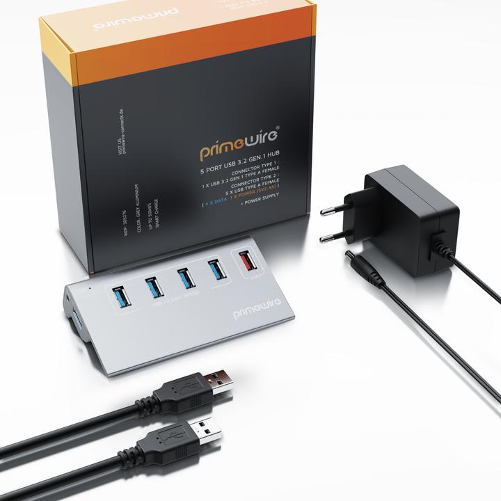 Actual product image Primewire 5 port USB 3.2 Gen.1 hub active with power supply & USB cable, USB 3.0 data hub 5 Gbit/s, USB smart (5 Ports)