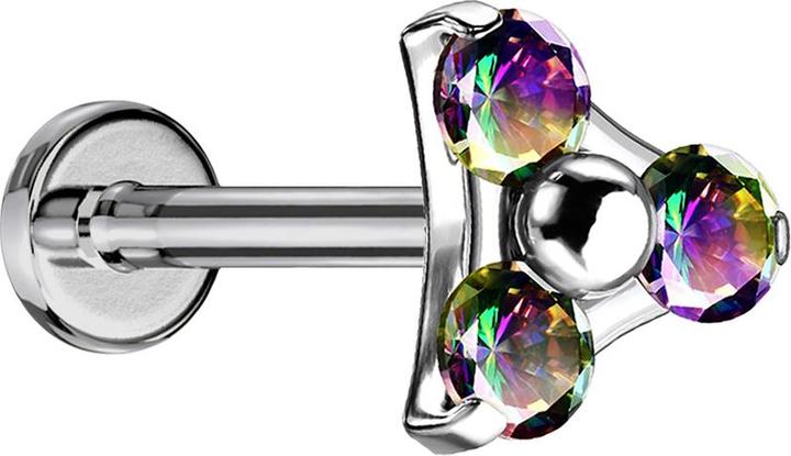 Actual product image Star Piercing Micro Labret inner thread silver triangle three crystals dark multicolour (Titanium G23, without brass)