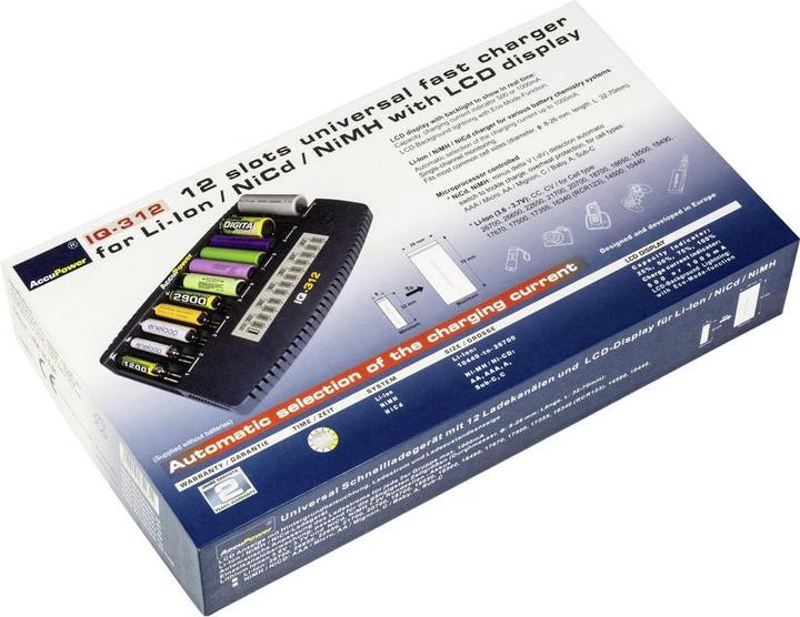 Immagine prodotto AccuPower IQ312 (1 pz., 10340, 10350, 10440, 10500, 12500, 12650, 13500, 13650, 14500, 14650, 16340, 16650, 17335, 17355, 17500, Caricabatterie senza batteria)