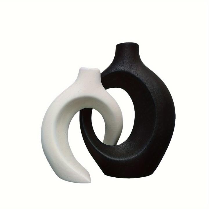 Image du produit Alopini 2er Set Moderne Keramikvasen - Abstraktes Kreuz Design, Boho Chic Donut Blumenvase für
