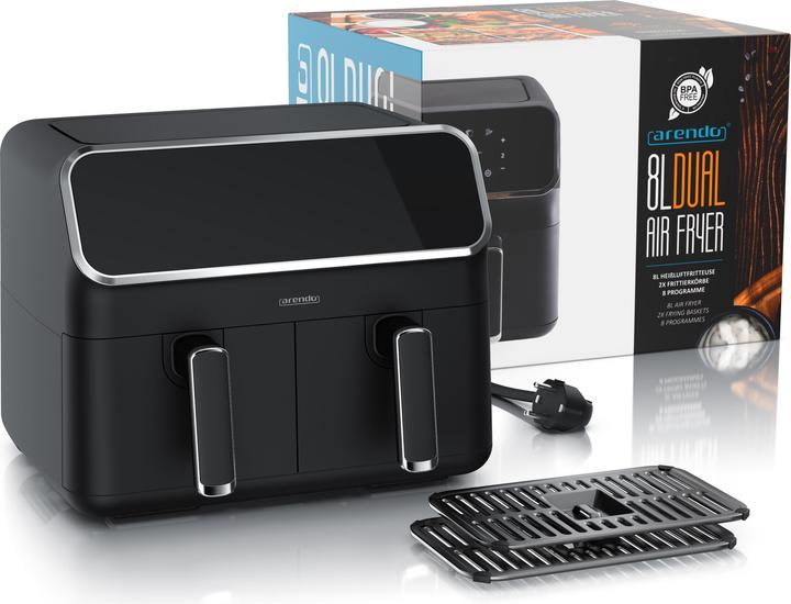 Produktbild Arendo Heissluftfritteuse XXL Doppelkammer Airfryer 8L, Dual Zone, Backofen, Edelstahl, 2700 W, mit Zubehör (CH-Stecker)
