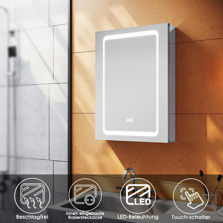 SONNI LED-Spiegelschrank mit Licht, 50 x 70 cm, Aluminium, beschlagfrei, kabellose Scharniere, im Ba (50 x 70 x 20 cm)