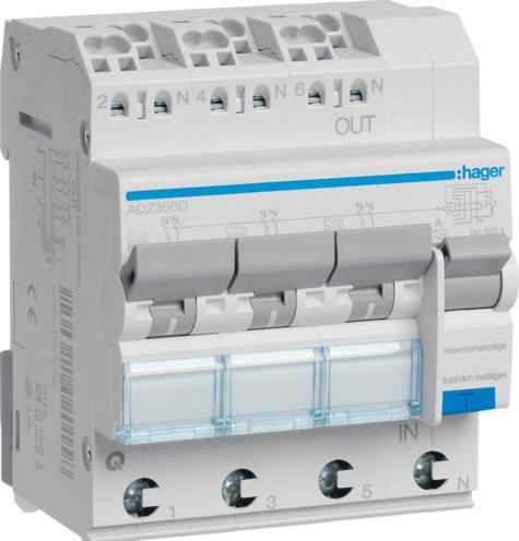 Immagine prodotto Hager HAG ADZ360D FI-LS 3X 1P+N 6kA C-10A 30mA Tipo A QC