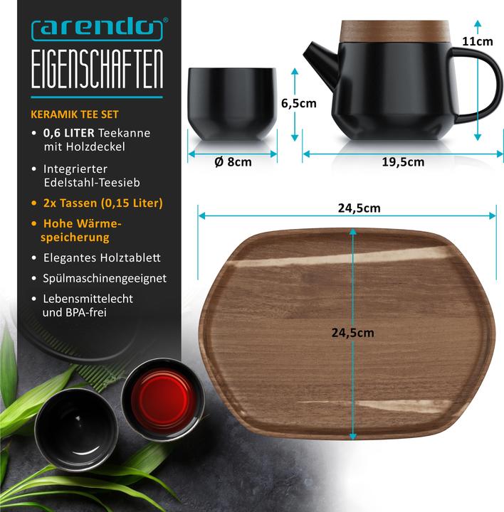 Produktbild Arendo Teeservice Keramik, Teekannen Set 0,6 L, japanisches Design, Teesieb, für 2 Personen, 2x Teetassen (0.60 l)