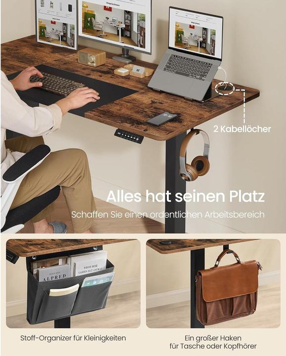 Produktbild Songmics elektrisch höhenverstellbarer Schreibtisch braun rechteckig, C-Fuss-Gestell schwarz 140,0 x (140 x 60 x 120 cm)