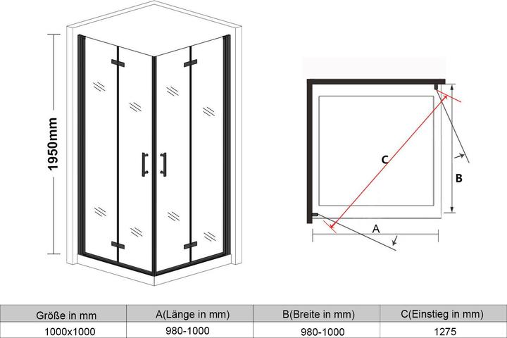 Produktbild SONNI Black Duschfalttür Eckeinstieg Duschkabine 100x100 cm Duschabtrennung Duschabtrennung Nano 6mm (100 cm, 100 cm, 195 cm)
