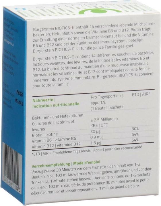 Nährwerte und Zutaten Burgerstein Biotics G (7 Stück, Pulver, 40 g)