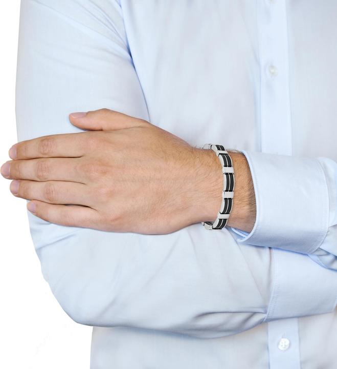 Produktbild Amor 22 cm langes Herren-Armband mit modischen Kautschuk-Elementen (20 cm, Edelstahl, Leder)