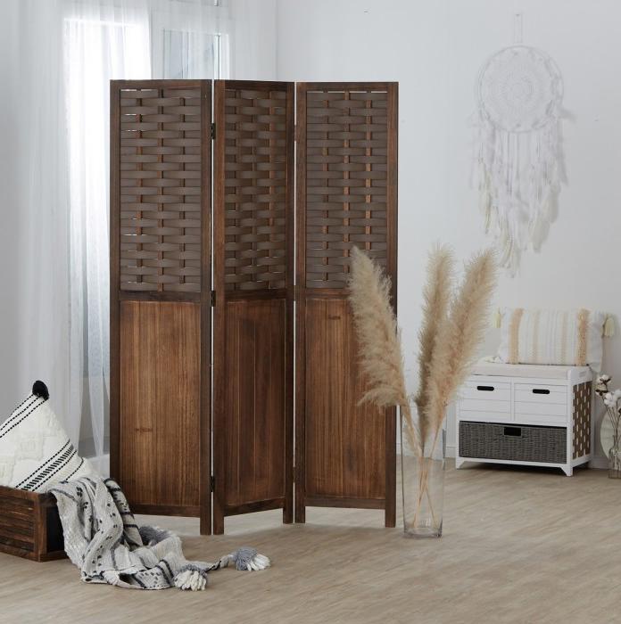 Produktbild Greendeco Paravent Raumteiler 3 teilig Holz Trennwand Rattan Optik Sichtschutz Braun