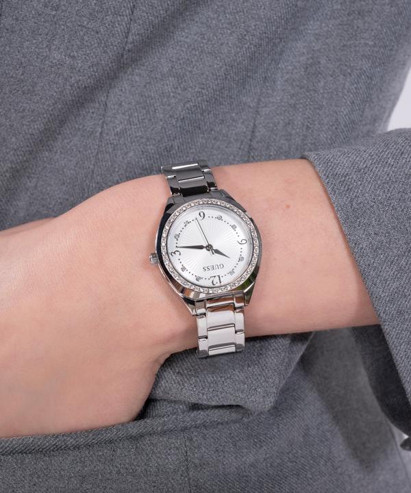 Actual product image Guess P SLV CS W/ CRYS / SUN WHT DL / P SLV BRCT Wristwatch (Watch with gemstone, 30 mm)