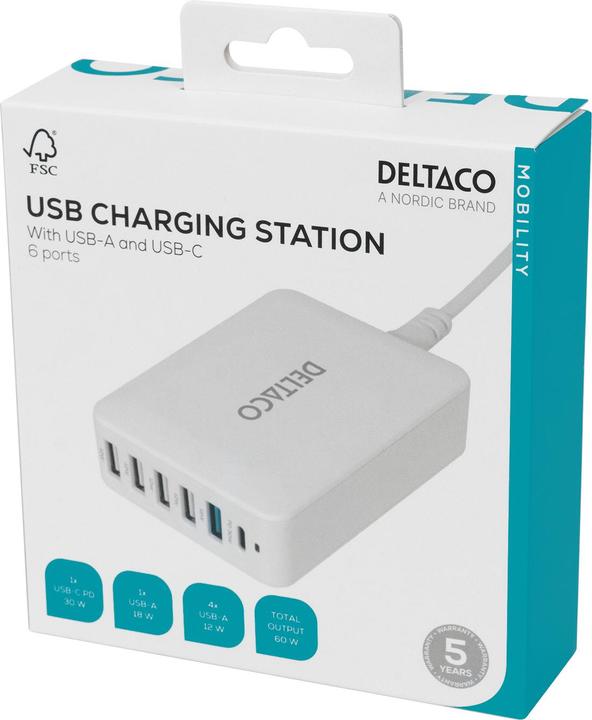 Actual product image Deltaco Multi 6 USB įkroviklis, 4x USB-A, 1x USB-A, 1x USB-C PD / USBC-MO100 / 1902112 (USB-C, 6 Ports)