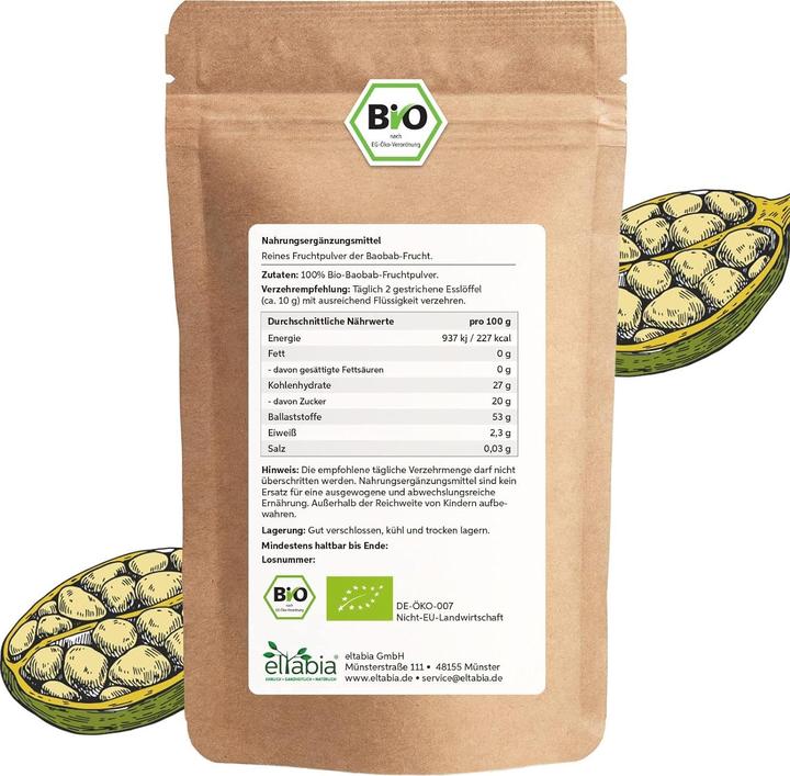 Produktbild Eltabia Bio Baobab-Pulver | Affenbrotbaum gemahlen | Apothekerbaum in Rohkost Qualität (Pulver, 100 g)