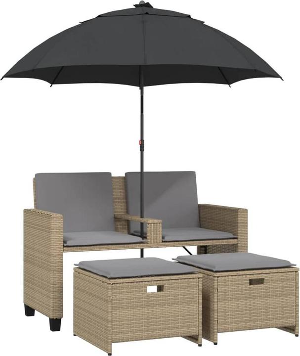 Produktbild VidaXL Gartensofa 2-Sitzer Sonnenschirm und Hocker Poly-Rattan