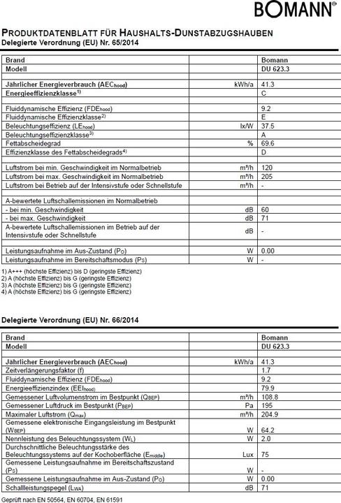 Valeurs nutritives et ingrédients Bomann DU 623.3 (Hotte à tiroir)