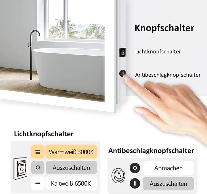 Actual product image Emke Bathroom Mirror With Lighting 100*60cm,Fog-Free, 3000K/6500K,Bouton Switch (100 x 60 cm)
