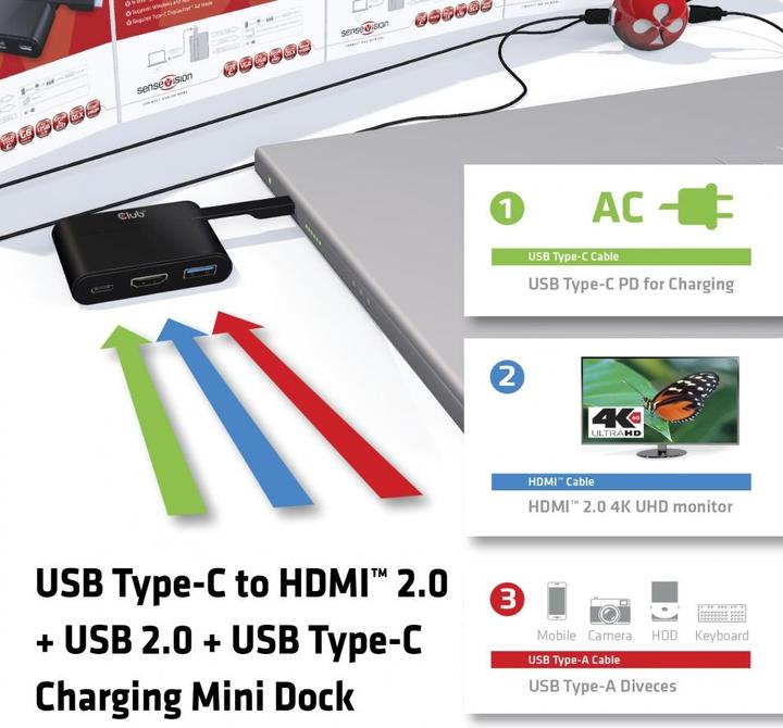 Produktbild Club 3D USB Type-C to HDMI™ 2.0 + USB 2.0 + USB Type-C Charging Mini Dock (USB-C, 1 Ports)
