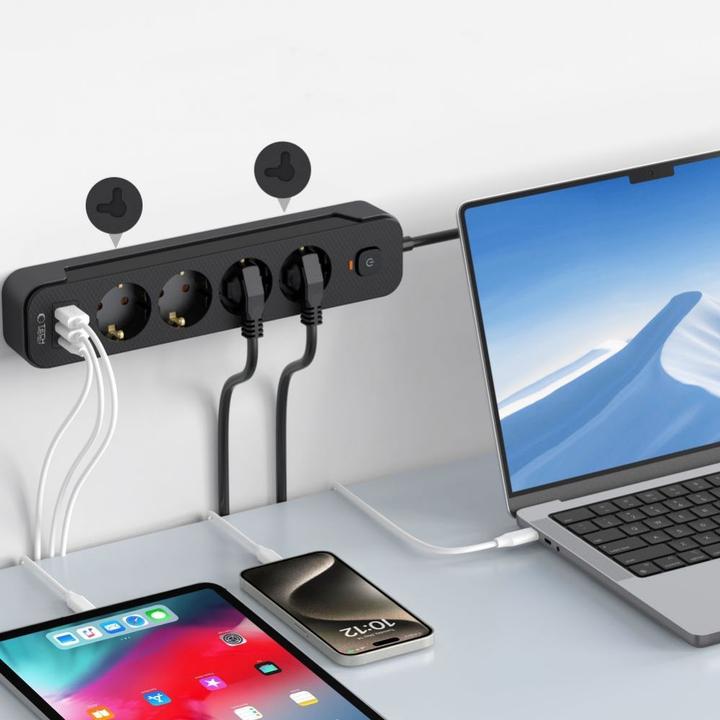 Actual product image Tech-Protect PCL4X3 Power Strip 4 Sockets 240V + 2xUSB-A + 1xUSB-C 200 cm - Black (2 x, USB-A, USB-C, 2 m)