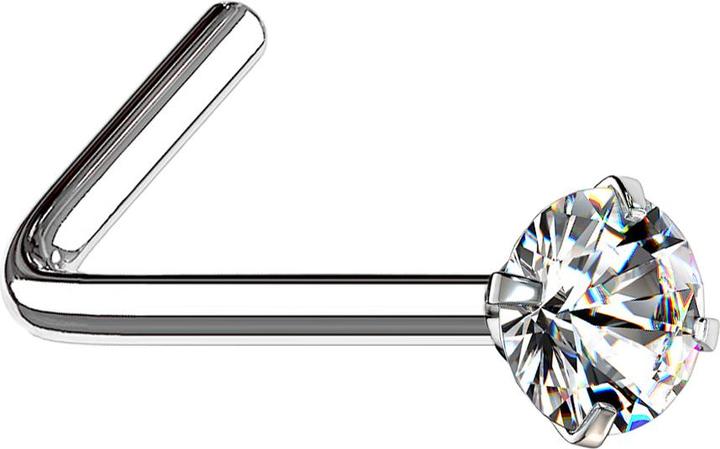 Star Piercing Nasenstecker gewinkelt silber runder Kristall silber gefasst (ohne Messing, Chirurgenstahl 316L)