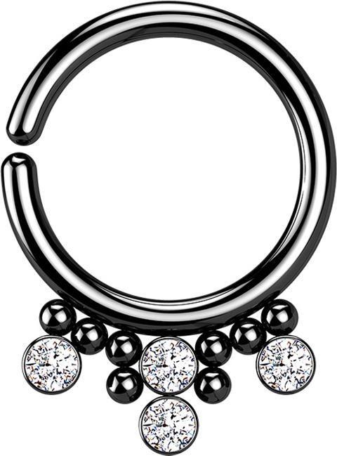 Star Piercing Micro Piercing Ring schwarz acht Kugeln und vier Kristalle silber (Chirurgenstahl 316L)