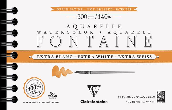 Produktbild Clairefontaine Fontaine, Aquarellpapier extraweiss satiniert/hot pressed, Spiralblock 12 Bogen 300g 12x18 cm - (12 x)